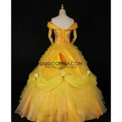 Cosrea Disney Inspired Beauty And Beast Belle Rose Gold Brocade Drape Cosplay Costume