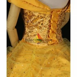 Cosrea Disney Inspired Beauty And Beast Belle Rose Gold Brocade Drape Cosplay Costume