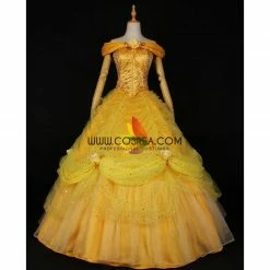 Cosrea Disney Inspired Beauty And Beast Belle Rose Gold Brocade Drape Cosplay Costume