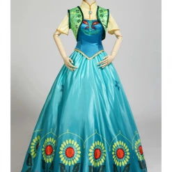 Cosrea Frozen Fever Anna Turquoise Satin Embroidered Cosplay Costume Disney Inspired