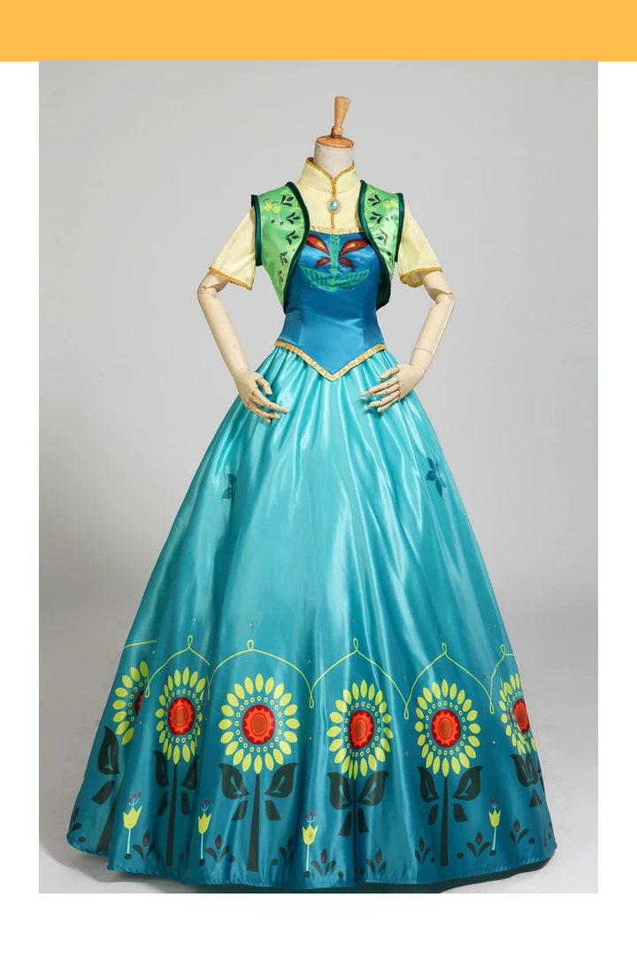 Cosrea Frozen Fever Anna Turquoise Satin Embroidered Cosplay Costume Disney Inspired 3 Cosrea Frozen Fever Anna Turquoise Satin Embroidered Cosplay Costume Disney Inspired