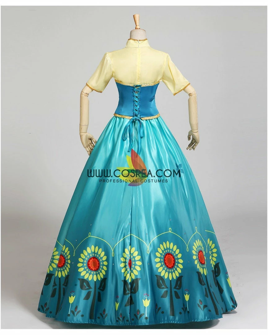 Cosrea Frozen Fever Anna Turquoise Satin Embroidered Cosplay Costume Disney Inspired 8 Cosrea Frozen Fever Anna Turquoise Satin Embroidered Cosplay Costume Disney Inspired