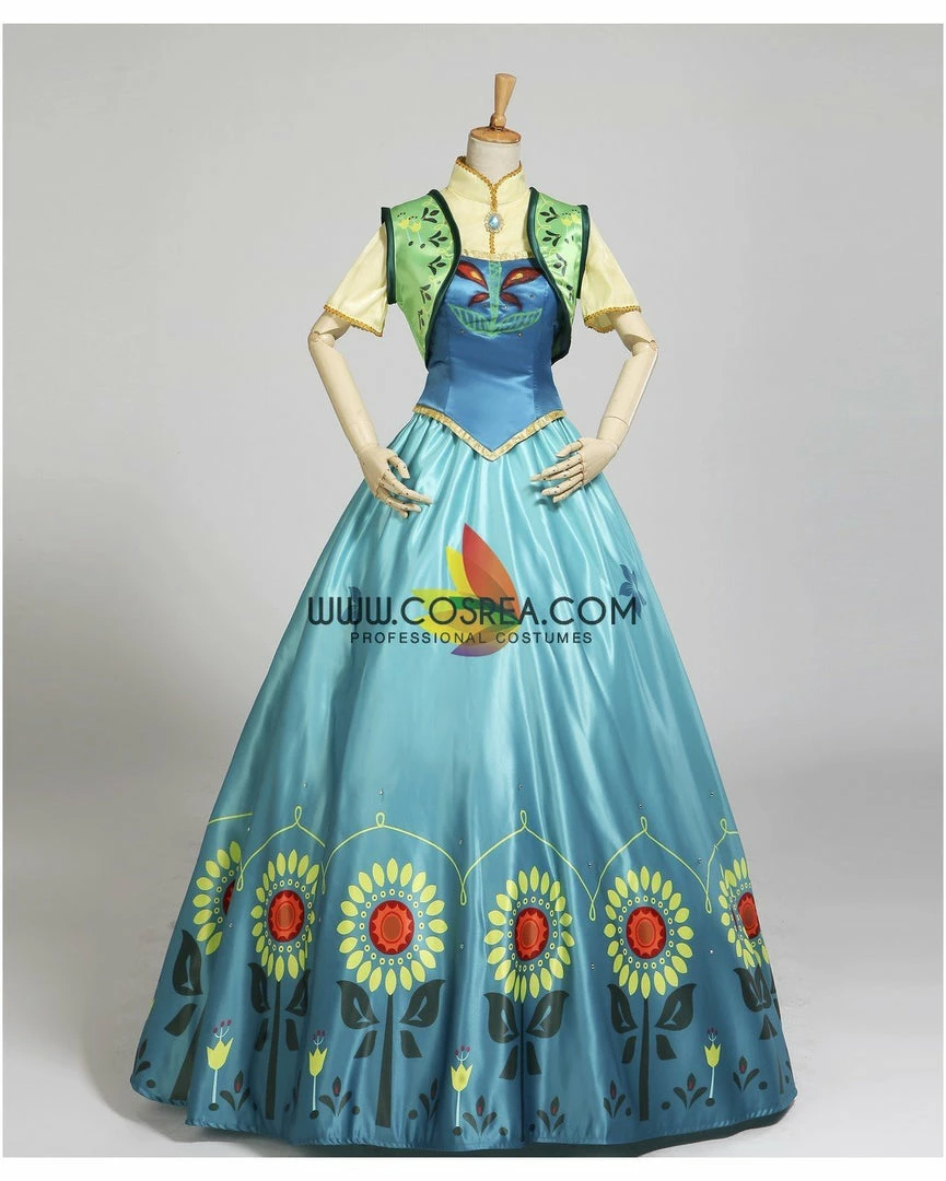 Cosrea Frozen Fever Anna Turquoise Satin Embroidered Cosplay Costume Disney Inspired 4 Cosrea Frozen Fever Anna Turquoise Satin Embroidered Cosplay Costume Disney Inspired