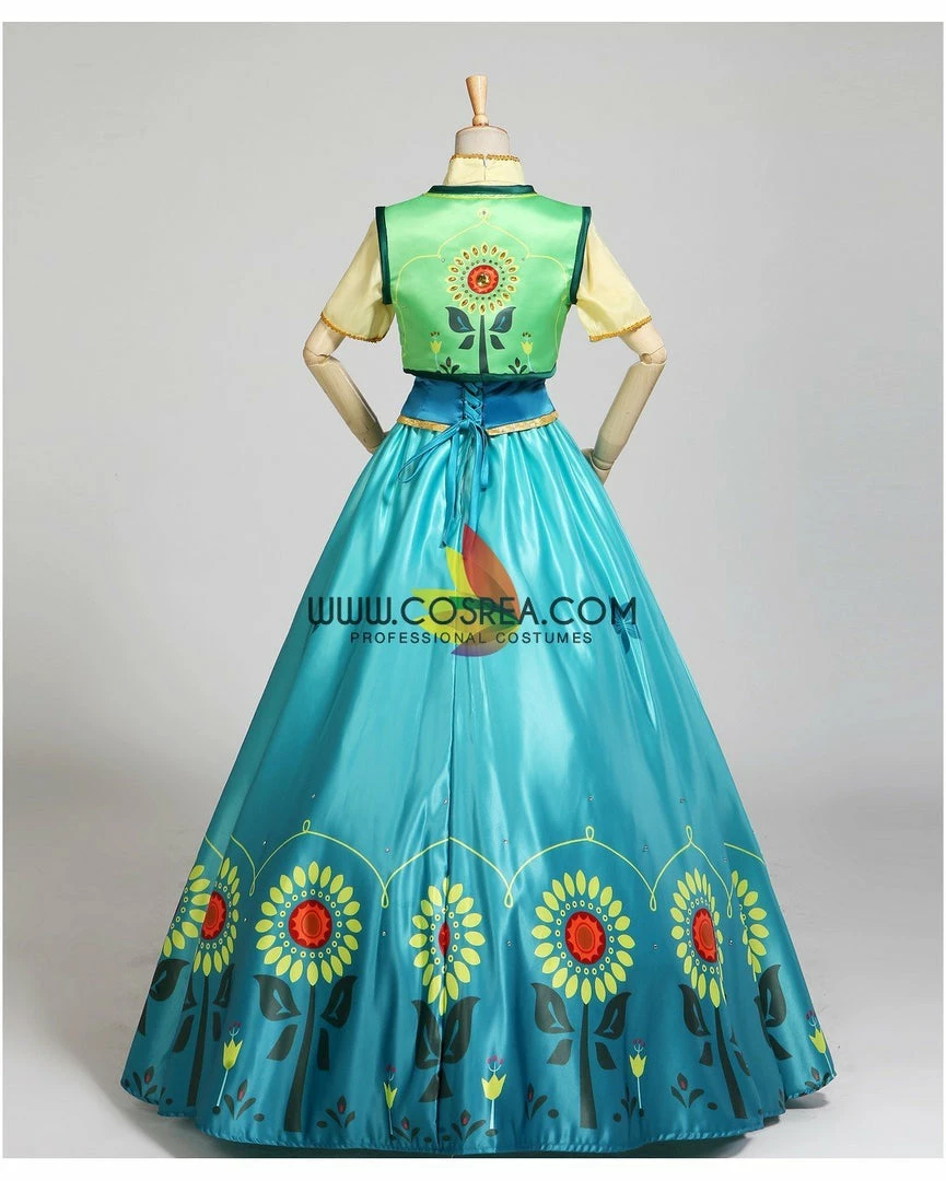 Cosrea Frozen Fever Anna Turquoise Satin Embroidered Cosplay Costume Disney Inspired 7 Cosrea Frozen Fever Anna Turquoise Satin Embroidered Cosplay Costume Disney Inspired