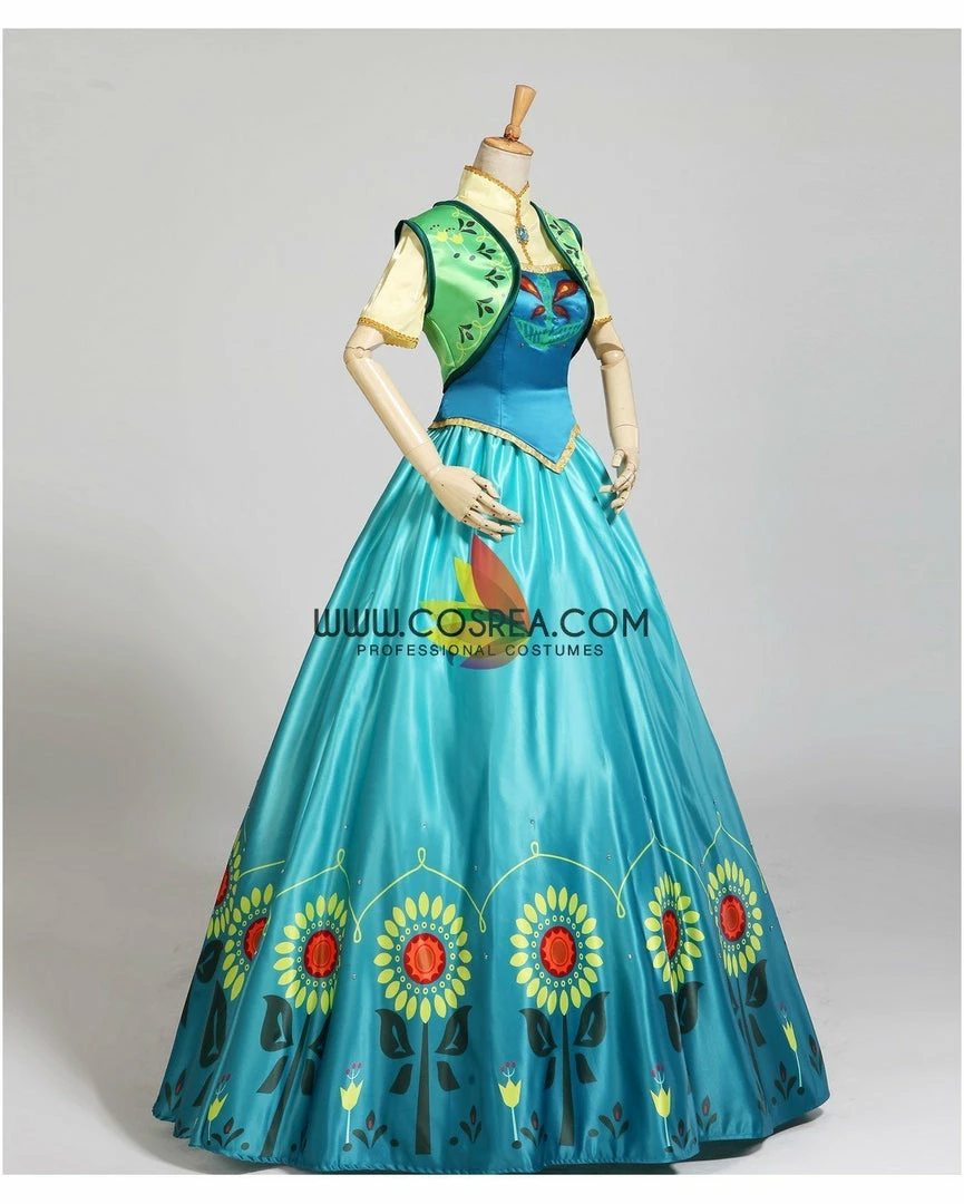 Cosrea Frozen Fever Anna Turquoise Satin Embroidered Cosplay Costume Disney Inspired 5 Cosrea Frozen Fever Anna Turquoise Satin Embroidered Cosplay Costume Disney Inspired