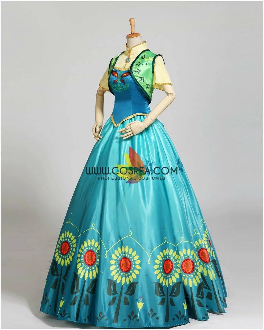 Cosrea Frozen Fever Anna Turquoise Satin Embroidered Cosplay Costume Disney Inspired 6 Cosrea Frozen Fever Anna Turquoise Satin Embroidered Cosplay Costume Disney Inspired